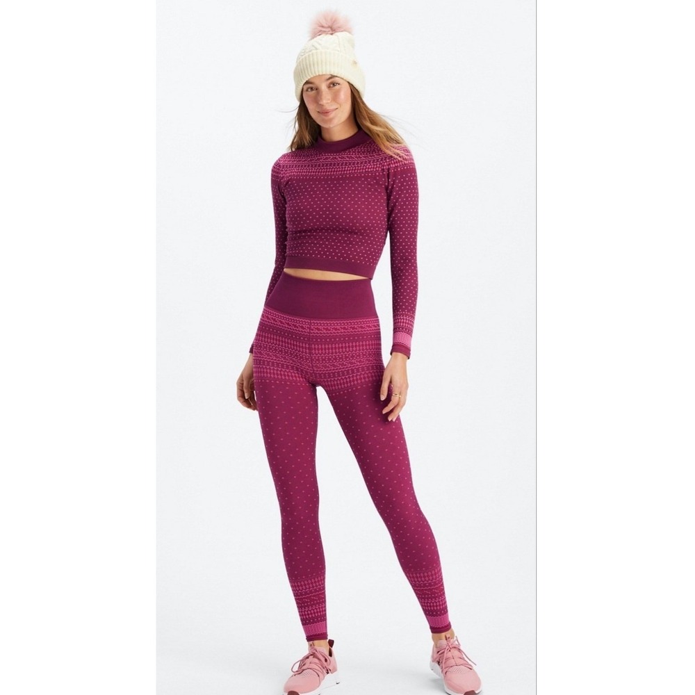 Fabletics Activewear Set Women M/S Magenta Fair Isle Seamless Leggings Crop Top